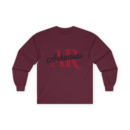 Arkansas AR Script Long Sleeve Tee — State Pride Graphic Shirt