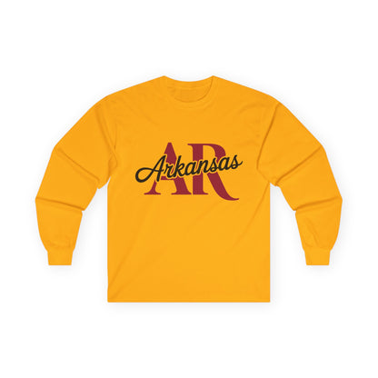 Arkansas AR Script Long Sleeve Tee — State Pride Graphic Shirt