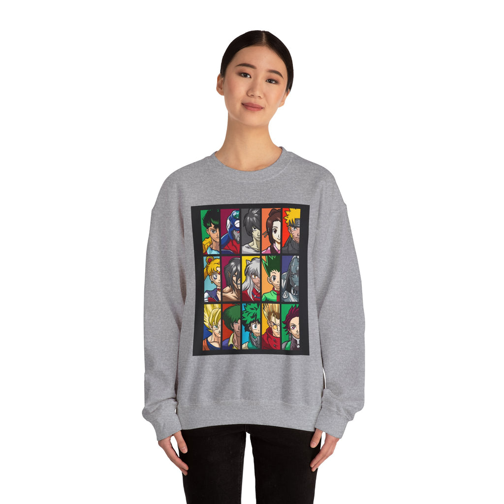 Anime Character Grid Sweatshirt — Collage Crewneck for Fans
