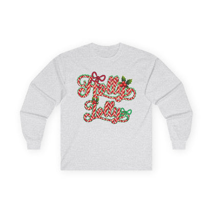 Long Sleeve Tee — "Merry Xmas" Candy Cane Script Christmas Shirt