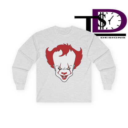 Pennywise Inspired Long Sleeve Tee, Horror Shirt, Movie Merch, Unisex Halloween Apparel, Scary Graphic Tee, Costume Top