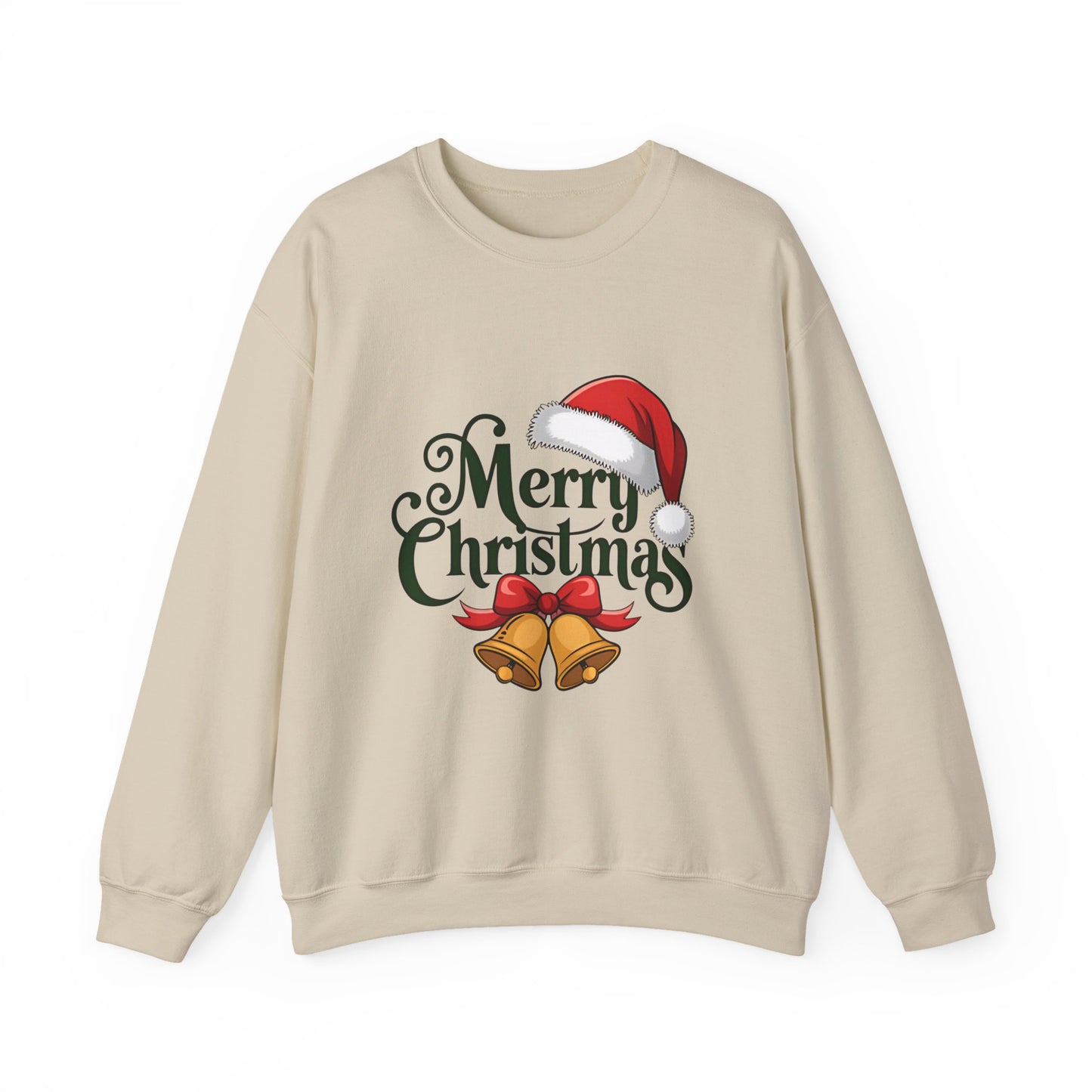 Christmas Crewneck Sweatshirt - "Merry Christmas" Santa Hat & Bells Holiday Sweater