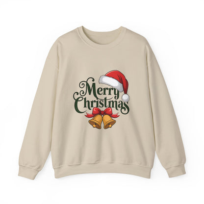 Christmas Crewneck Sweatshirt - "Merry Christmas" Santa Hat & Bells Holiday Sweater