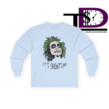 Unisex Long Sleeve Tee - It's Showtime Graphic, Halloween Shirt, Casual Wear, Gift for Movie Lovers, Spooky Season Apparel