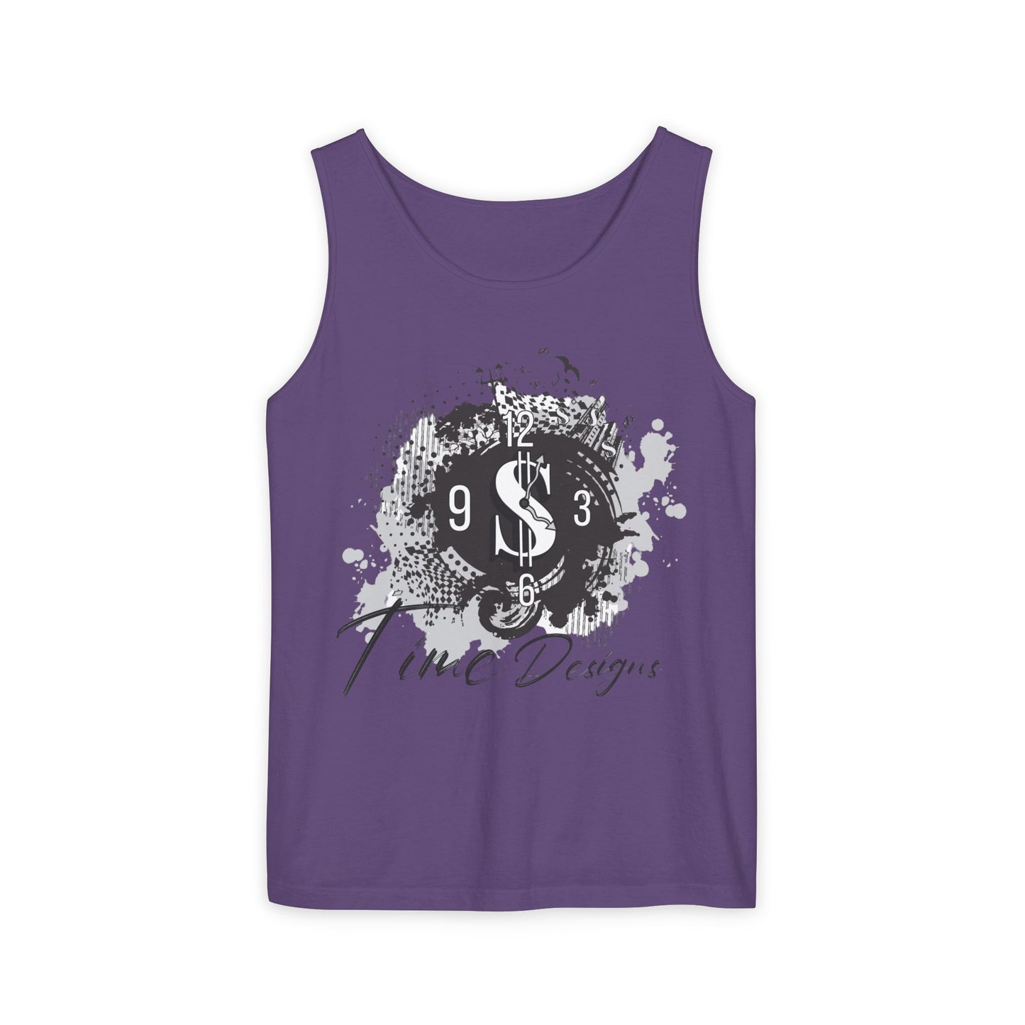 Unisex Garment-Dyed Tank Top with Time Designs - Casual Summer Wear, Beach Outfit, Gift for Friends, Vacation Essentials, Relaxed Style