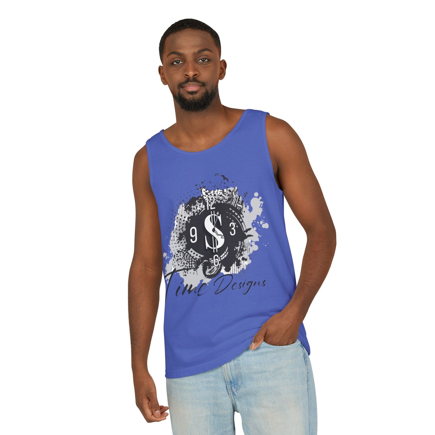 Unisex Garment-Dyed Tank Top with Time Designs - Casual Summer Wear, Beach Outfit, Gift for Friends, Vacation Essentials, Relaxed Style