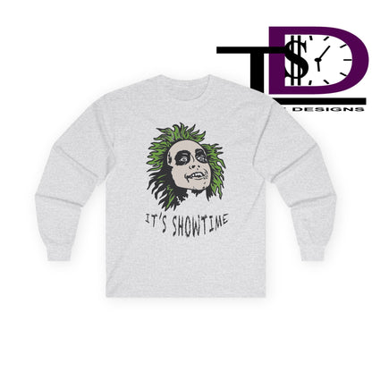 Unisex Long Sleeve Tee - It's Showtime Graphic, Halloween Shirt, Casual Wear, Gift for Movie Lovers, Spooky Season Apparel