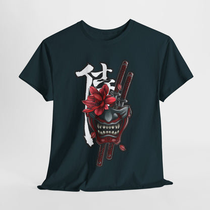 Unisex Heavy Cotton Tee - Floral Samurai Mask Design