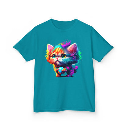 Colorful Cartoon Cat Kids Heavy Cotton Tee - Fun & Playful Design