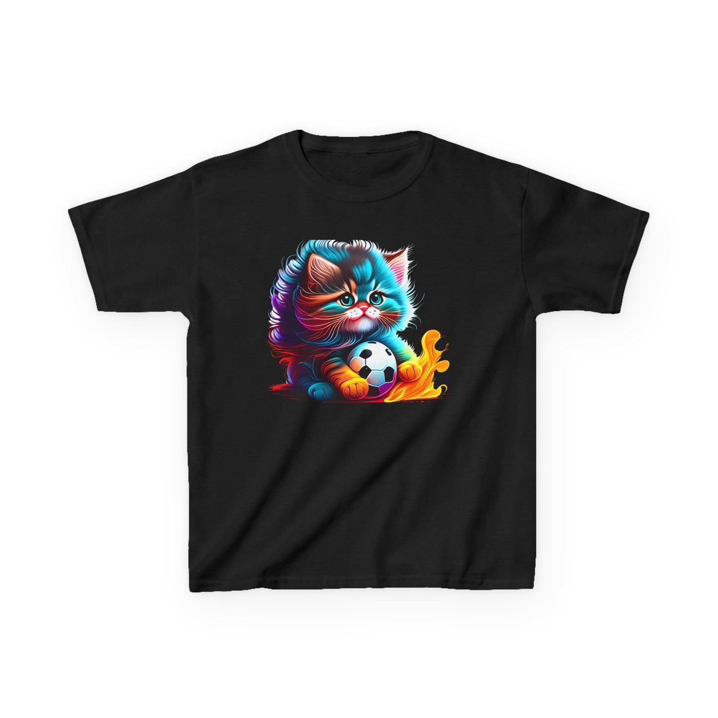 Cute Cat Soccer Kids Tee - Colorful Heavy Cotton Shirt for Young Sports Fans