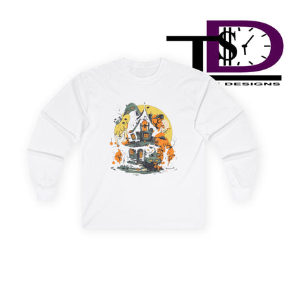 Halloween Haunted House Long Sleeve Tee, Unisex Shirt, Spooky Shirt, Fall Fashion, Ghosts and Ghouls Apparel, Gift for Halloween