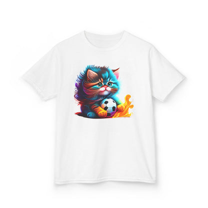 Cute Cat Soccer Kids Tee - Colorful Heavy Cotton Shirt for Young Sports Fans