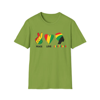 Juneteenth Peace Love Unisex Softstyle T-Shirt, Graphic Tee, Black History Month, Celebration Wear, Gift for Activists