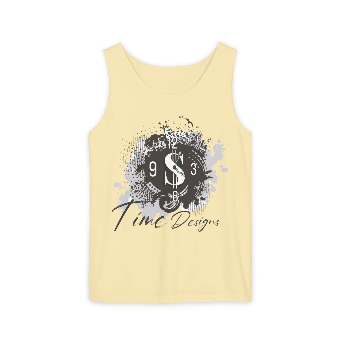 Unisex Garment-Dyed Tank Top with Time Designs - Casual Summer Wear, Beach Outfit, Gift for Friends, Vacation Essentials, Relaxed Style
