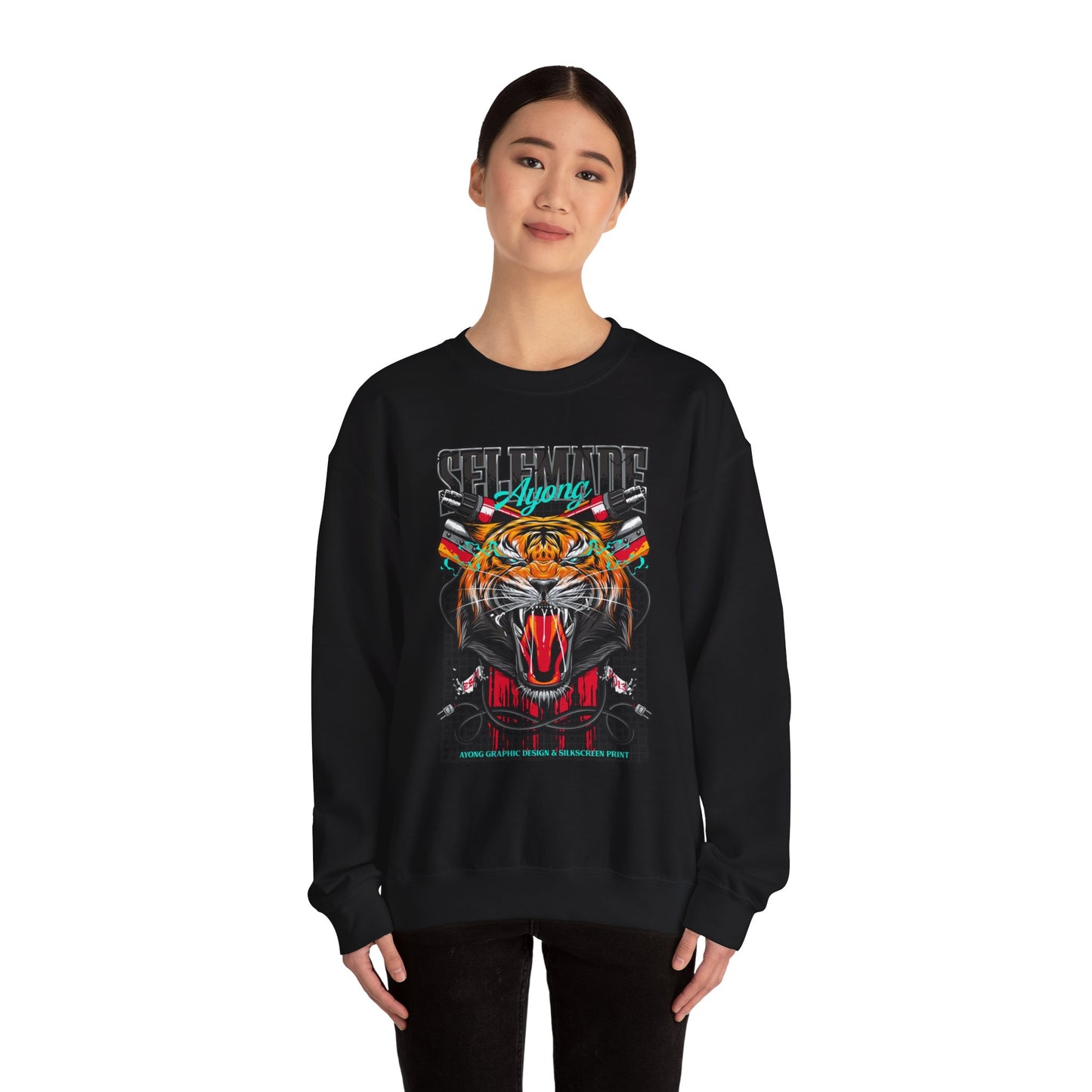 Crewneck Sweatshirt — Bold Roaring Tiger Graphic with 'Ayoung' Ribbon