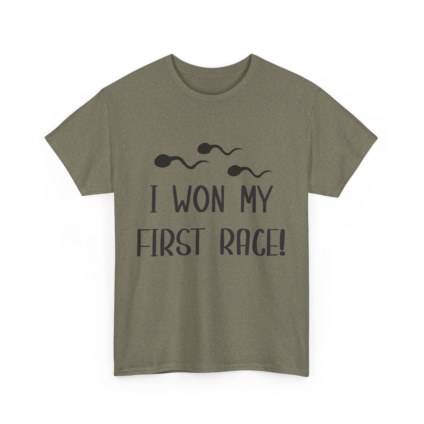 I Won My First Race! Unisex Heavy Cotton Tee - Fun Sperm Motif for New Dads and Celebrations