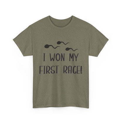 I Won My First Race! Unisex Heavy Cotton Tee - Fun Sperm Motif for New Dads and Celebrations