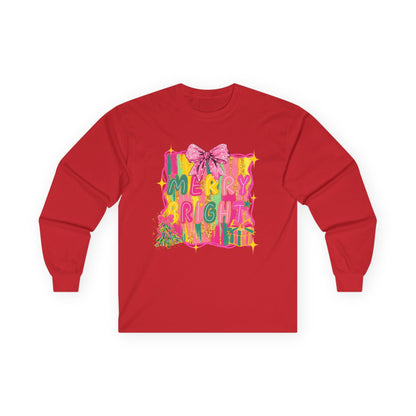 Merry Bright Long Sleeve Tee — Colorful Holiday Graphic Shirt