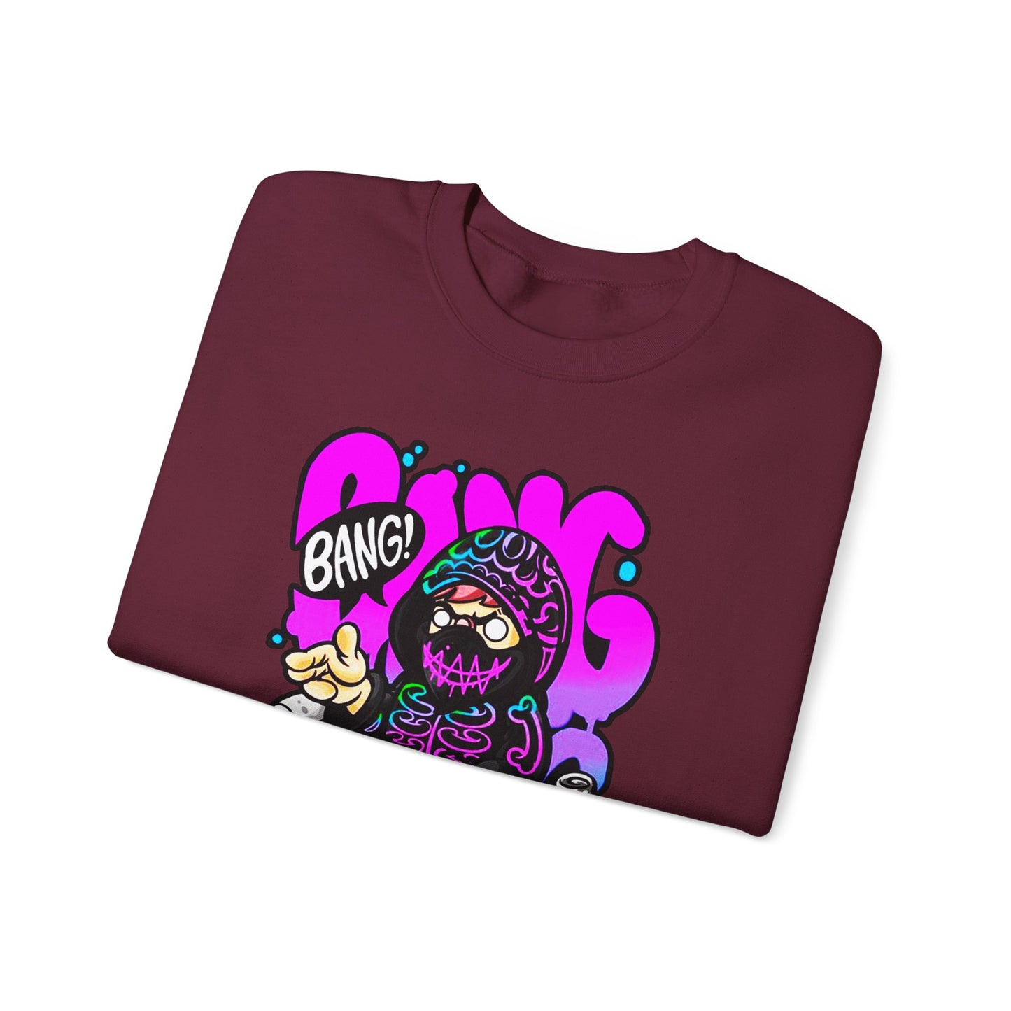 Streetwear Crewneck Sweatshirt — Cartoon Hoodie Character "BANG" Graphic
