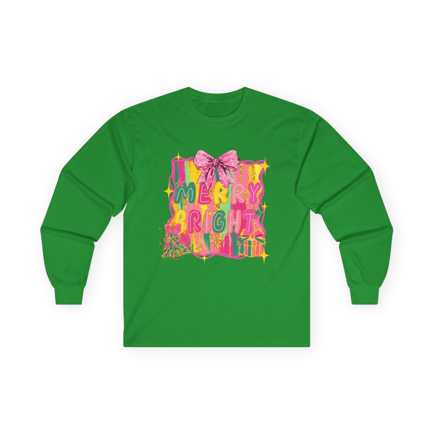 Merry Bright Long Sleeve Tee — Colorful Holiday Graphic Shirt