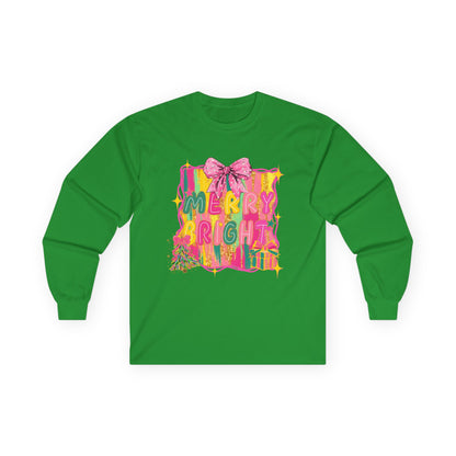 Merry Bright Long Sleeve Tee — Colorful Holiday Graphic Shirt