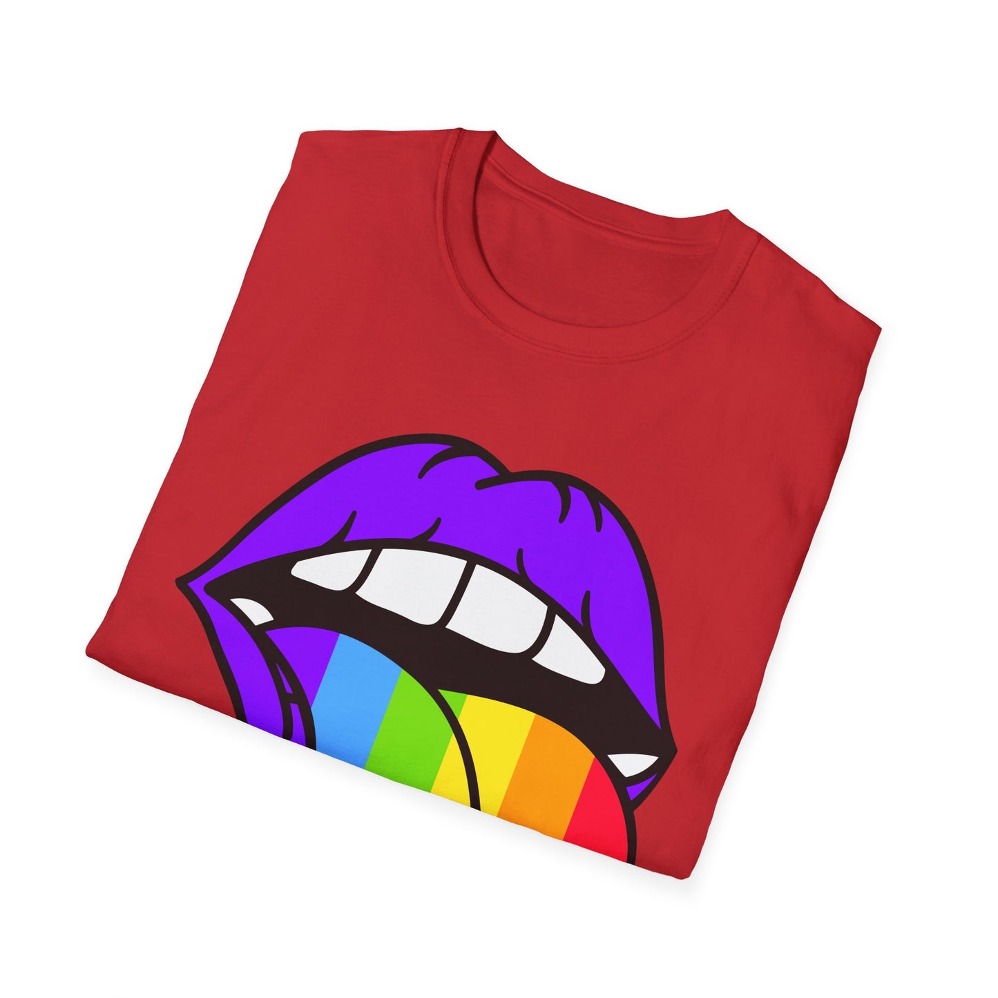 Pride Graphic Tee, Rainbow Mouth Design T-Shirt, Unisex Softstyle Shirt, LGBTQ+ Apparel, Fun Casual Wear, Birthday Gift