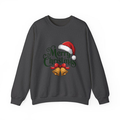 Christmas Crewneck Sweatshirt - "Merry Christmas" Santa Hat & Bells Holiday Sweater