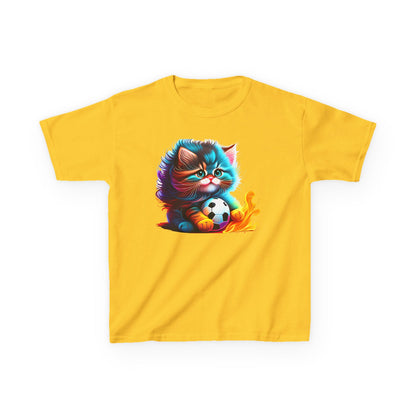 Cute Cat Soccer Kids Tee - Colorful Heavy Cotton Shirt for Young Sports Fans