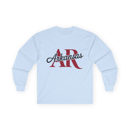 Arkansas AR Script Long Sleeve Tee — State Pride Graphic Shirt