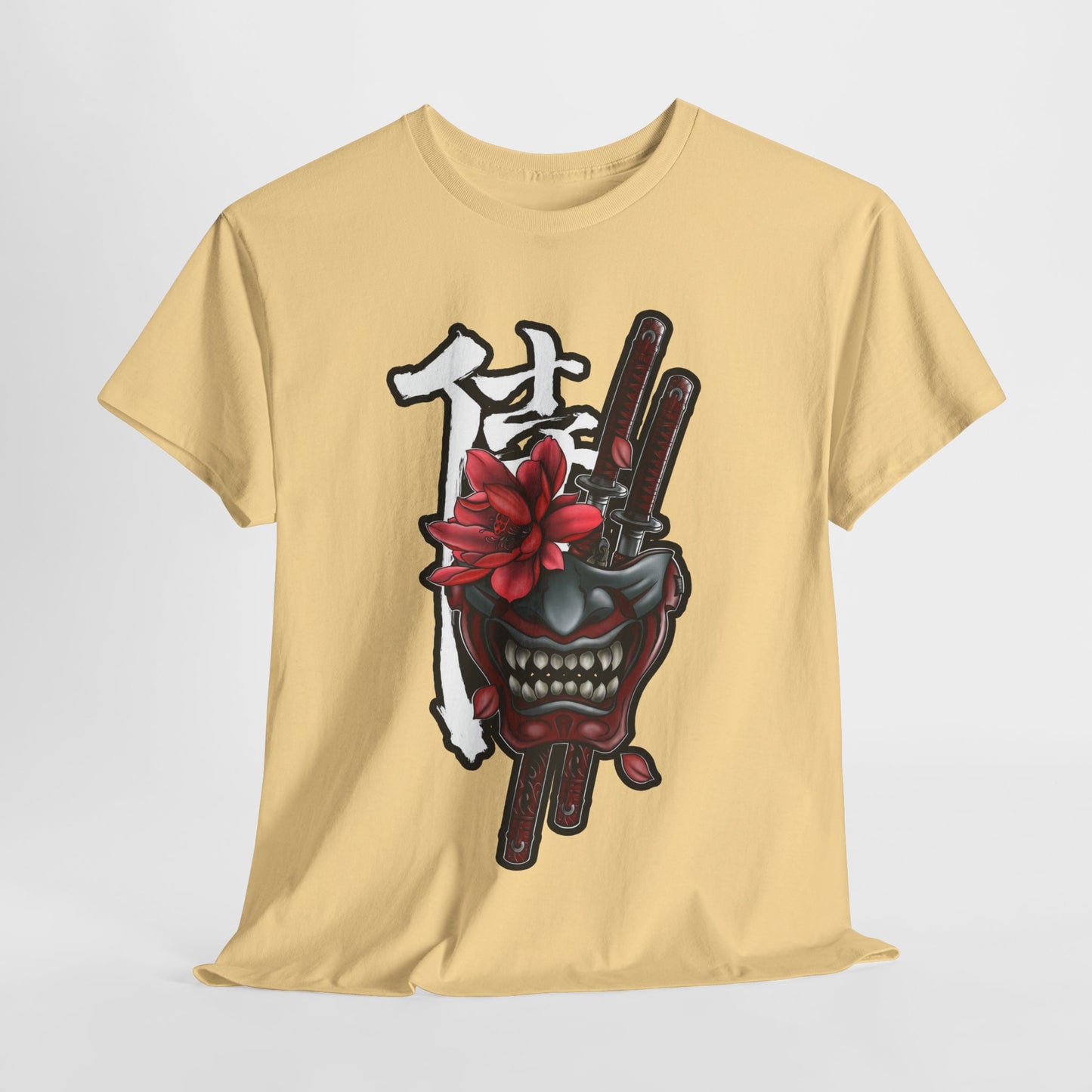 Unisex Heavy Cotton Tee - Floral Samurai Mask Design