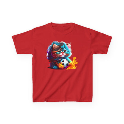 Cute Cat Soccer Kids Tee - Colorful Heavy Cotton Shirt for Young Sports Fans