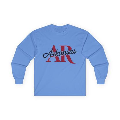 Arkansas AR Script Long Sleeve Tee — State Pride Graphic Shirt