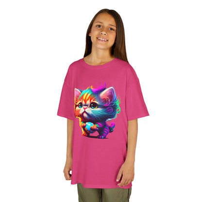 Colorful Cartoon Cat Kids Heavy Cotton Tee - Fun & Playful Design