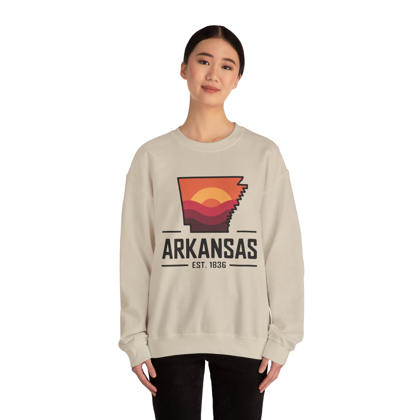 Arkansas Sunset Crewneck Sweatshirt — State Map Graphic, Est. 1836