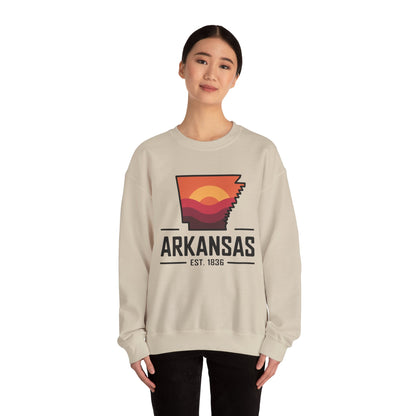 Arkansas Sunset Crewneck Sweatshirt — State Map Graphic, Est. 1836