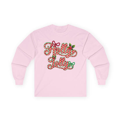 Long Sleeve Tee — "Merry Xmas" Candy Cane Script Christmas Shirt