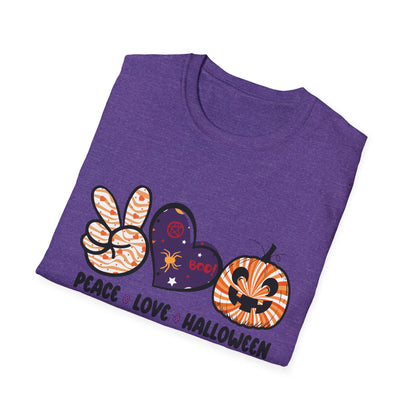 Halloween Peace Love T-Shirt, Unisex Graphic Tee for Fall Celebrations, Cozy Autumn Style, Perfect for Halloween Parties, Gifts