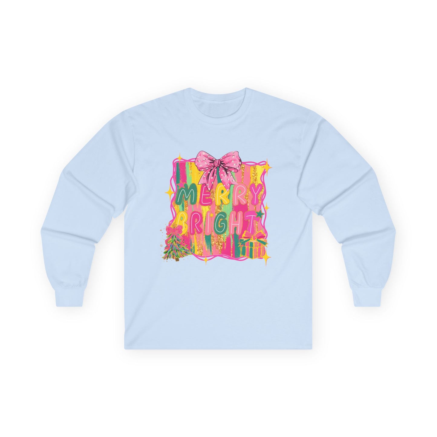 Merry Bright Long Sleeve Tee — Colorful Holiday Graphic Shirt