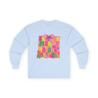 Merry Bright Long Sleeve Tee — Colorful Holiday Graphic Shirt