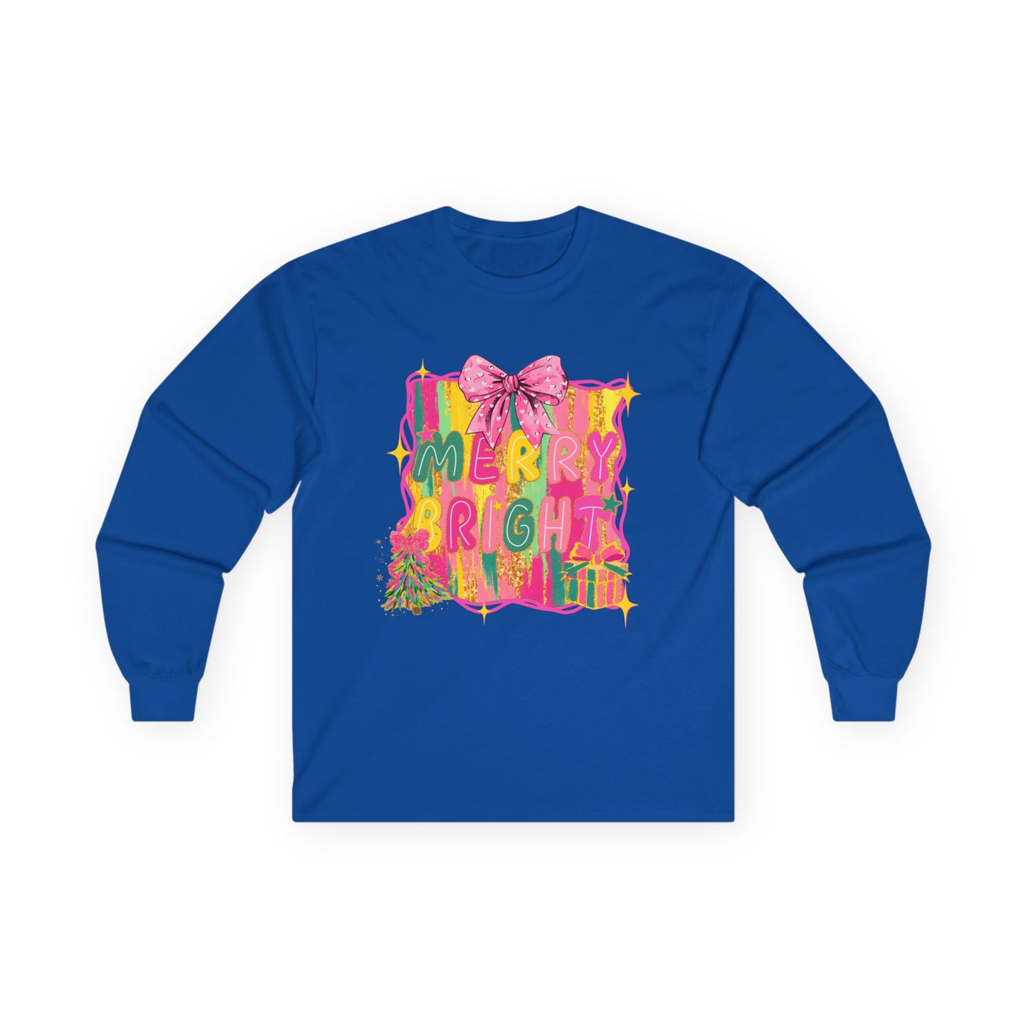 Merry Bright Long Sleeve Tee — Colorful Holiday Graphic Shirt