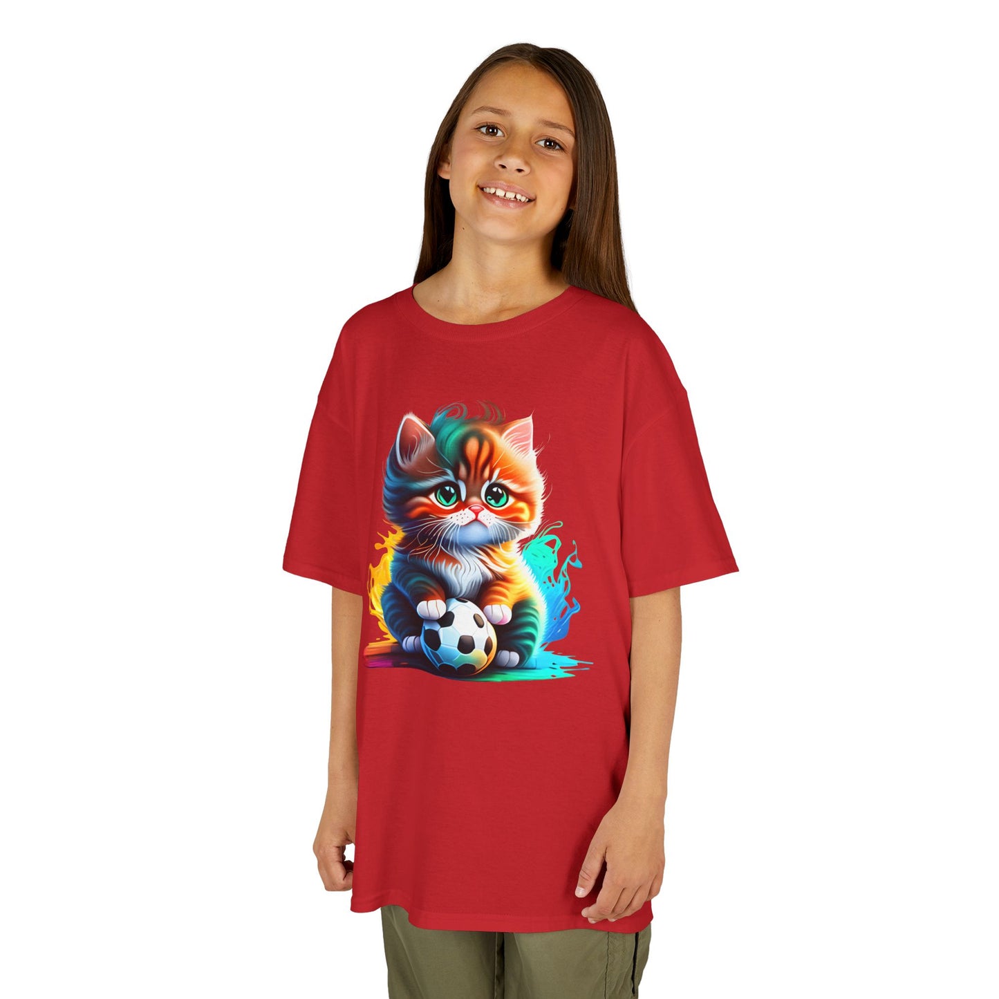 Playful Cat Soccer Kids Heavy Cotton™ Tee - Fun and Colorful T-Shirt for Young Animal Lovers
