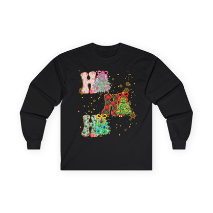 Long Sleeve Tee — Festive 'HO HO HO' Floral Christmas Design