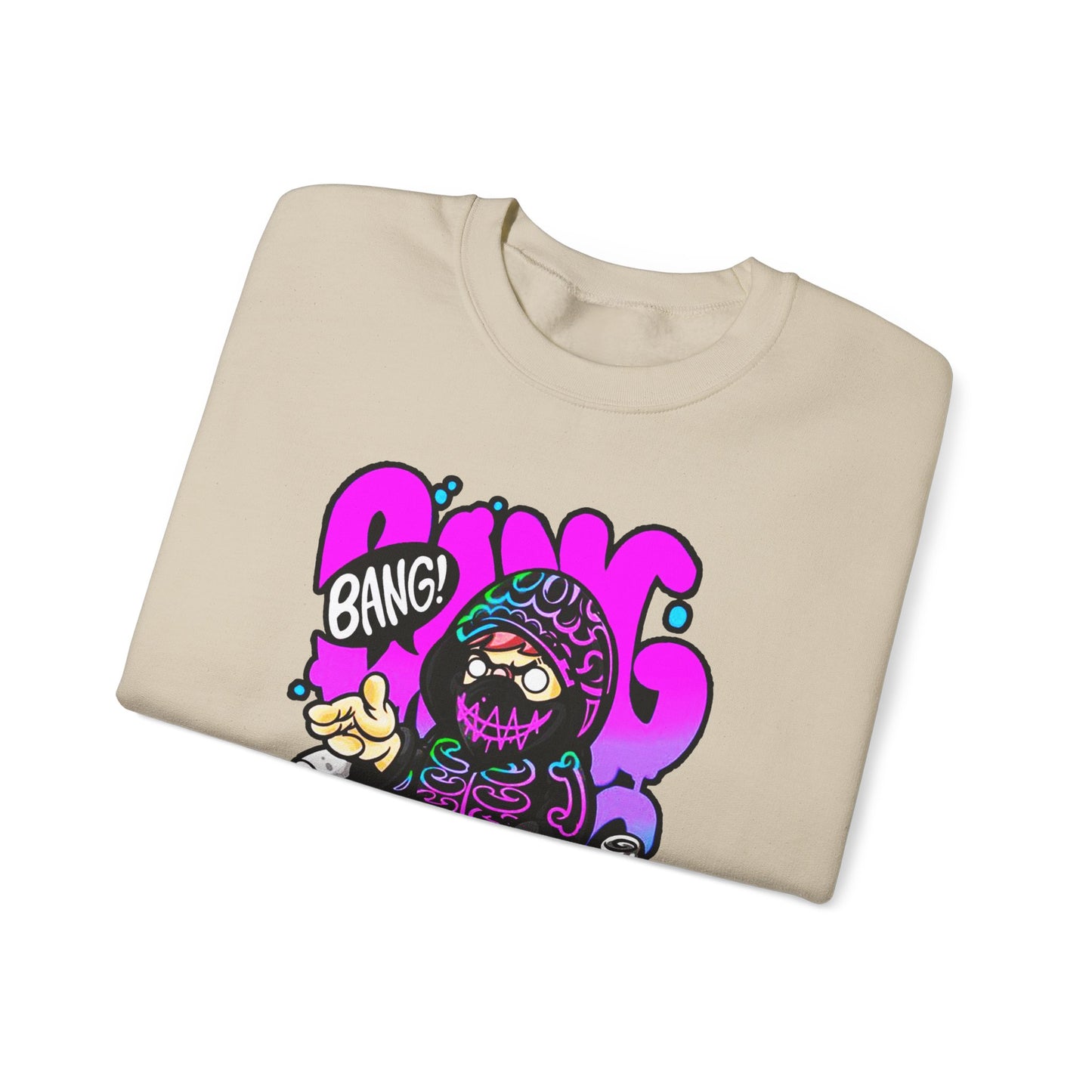 Streetwear Crewneck Sweatshirt — Cartoon Hoodie Character "BANG" Graphic
