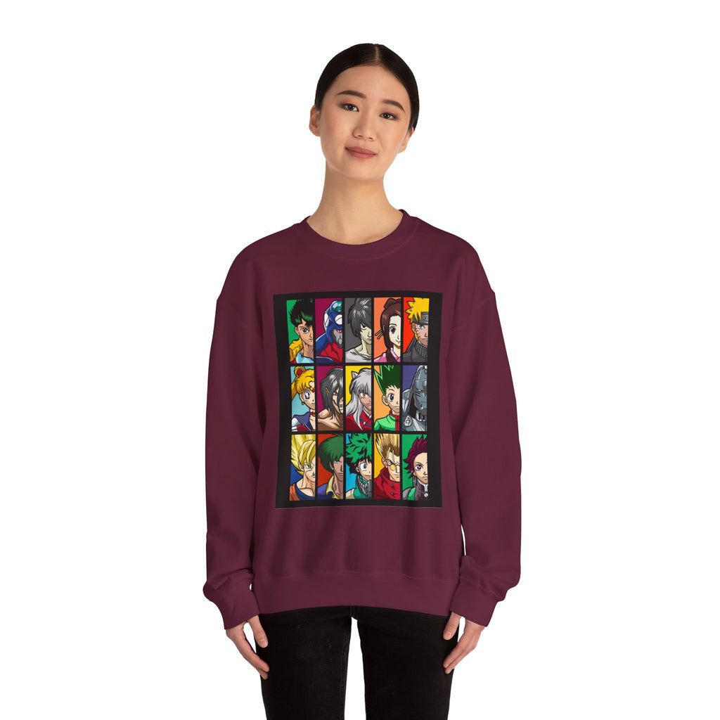 Anime Character Grid Sweatshirt — Collage Crewneck for Fans