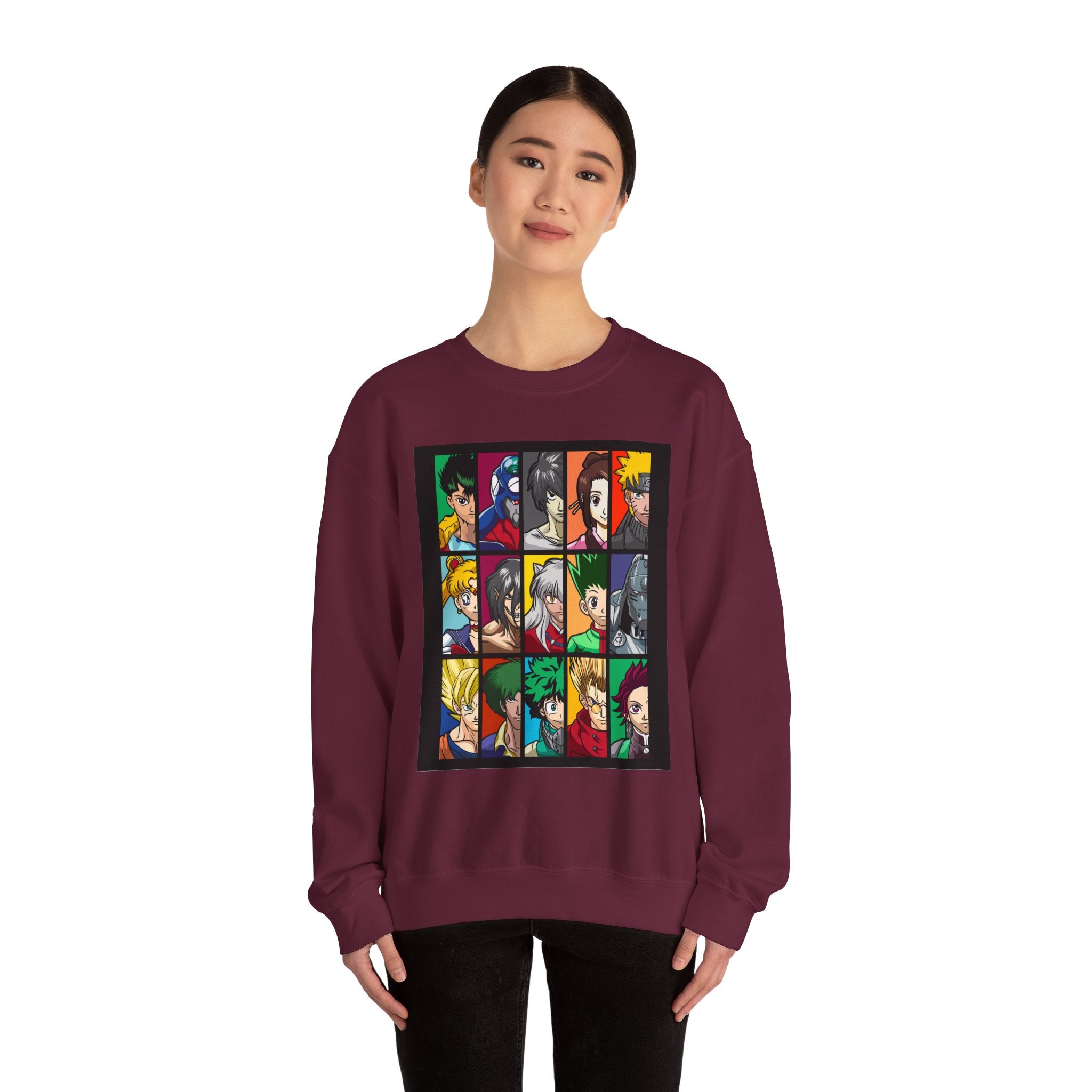 Anime Character Grid Sweatshirt — Collage Crewneck for Fans