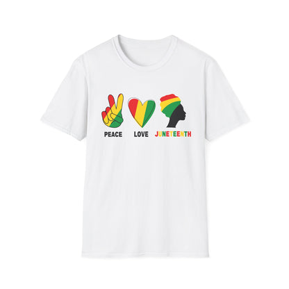 Juneteenth Peace Love Unisex Softstyle T-Shirt, Graphic Tee, Black History Month, Celebration Wear, Gift for Activists