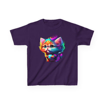 Colorful Cartoon Cat Kids Heavy Cotton Tee - Fun & Playful Design