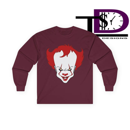 Pennywise Inspired Long Sleeve Tee, Horror Shirt, Movie Merch, Unisex Halloween Apparel, Scary Graphic Tee, Costume Top