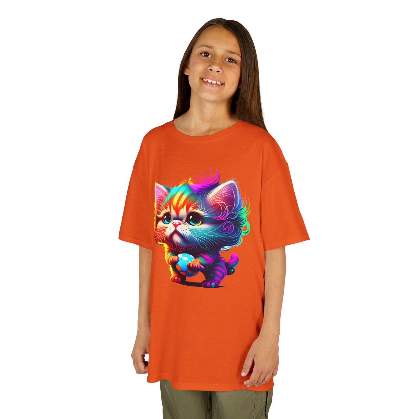 Colorful Cartoon Cat Kids Heavy Cotton Tee - Fun & Playful Design