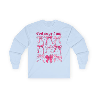 Long Sleeve Tee — "God Says I Am" Pink Ribbon Bows Breast Cancer Awareness